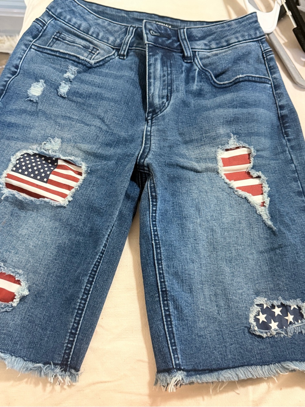 Women's Blue Denim Straight Shorts with Flag Patch Detail